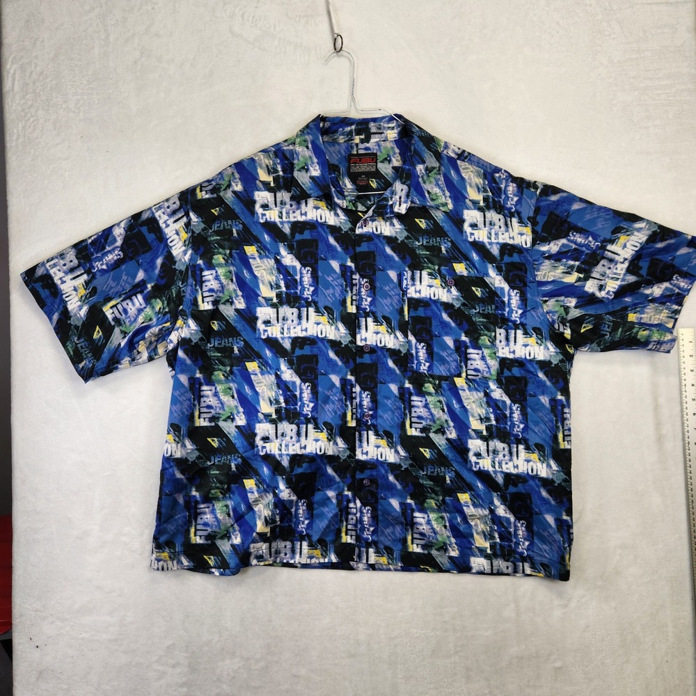FUBU Collection Mens 3X Blue Abstract Graphic Print Short Sleeve Button Up Shirt